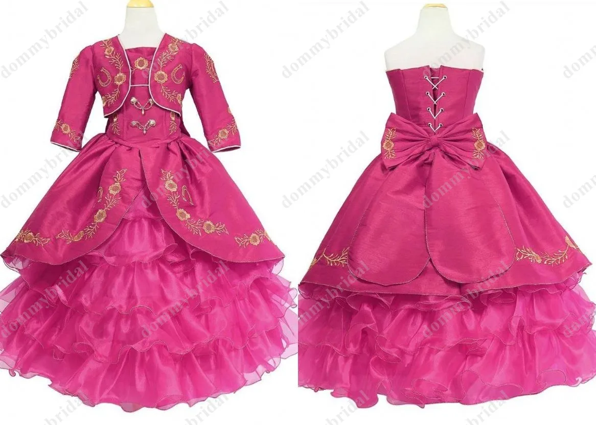 Vintage Gold Embroidery Hot Pink Charro Ball Gown Little Girls Pageant Quinceanera Sweet 15 Anos Dresses for Wedding Party Prom