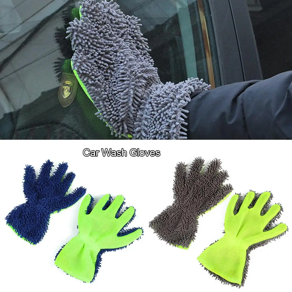 Microfiber Chenille Car Wash Glove Car Dust Cleaning Mitt For Indoor Outdoor Car Cleaning Blue, Gray