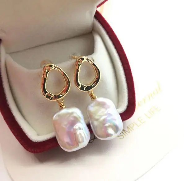 

New Favorite Pearl Earrings Top Quality Square Genuine Freshwater Pearls Gold Dangle Earrings Lady Gift Fine Jewelry