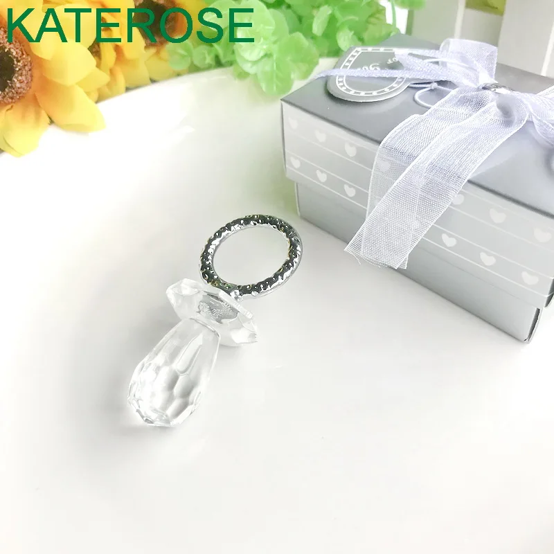 【KATEROSE】Clear Crystal Pacifier with Silver Metal Ring Baby Shower Favors Newborn Baptism Gift