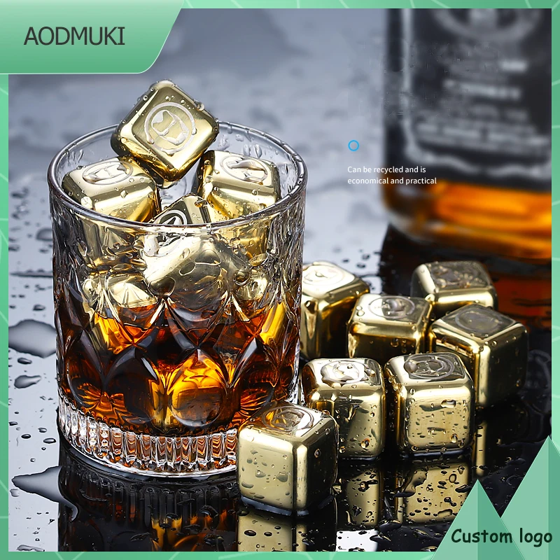 

Custom Logo Reusable Golden Square Stainless Steel Stones Ice with Box Clip Cubes Champagne Cooler Wine Whiskey Chilling Rocks