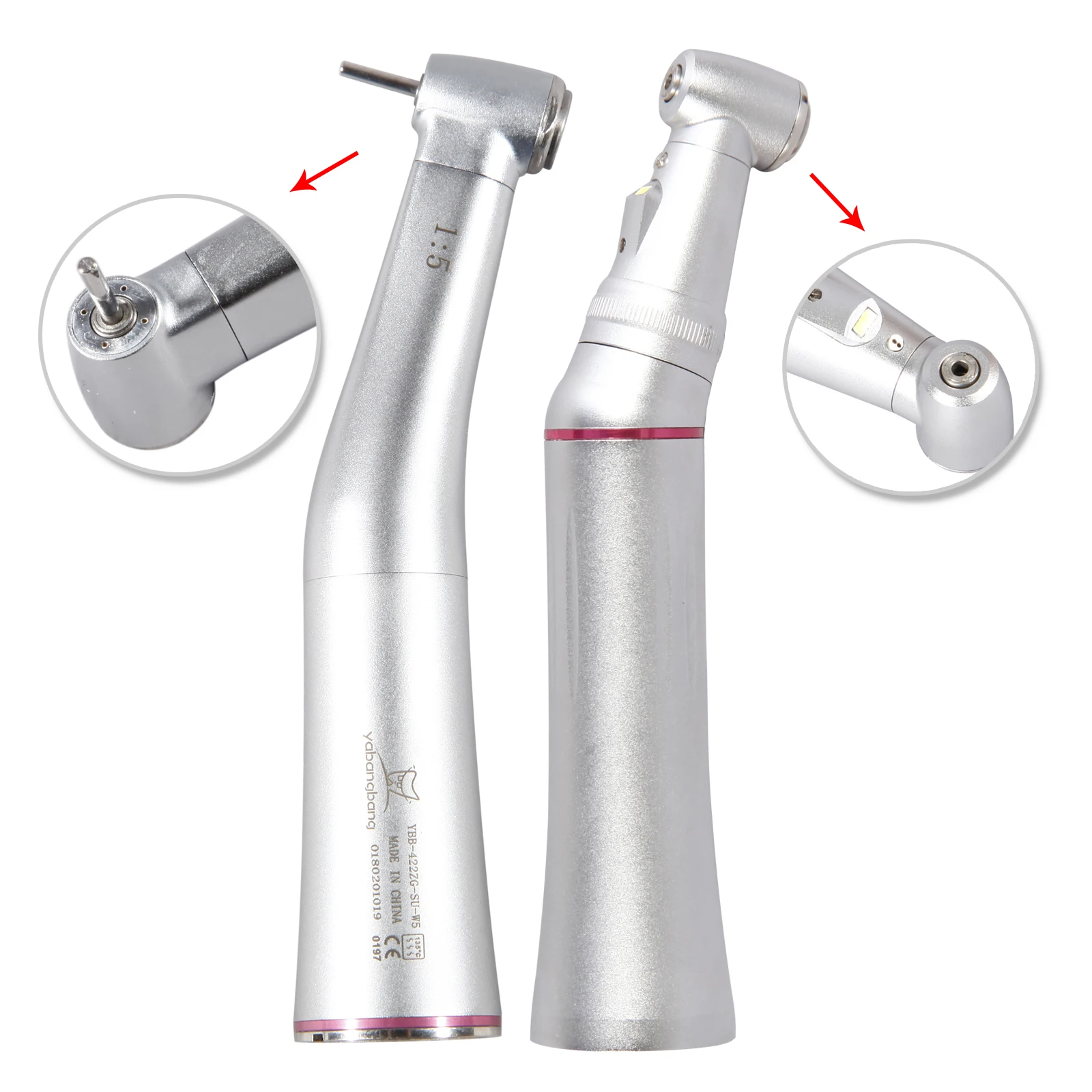 

NSK Style Dental Increasing 1:5 Ratio Contra Angle Fiber Optic LED / Without Light 4 Water Sprays Inner Water