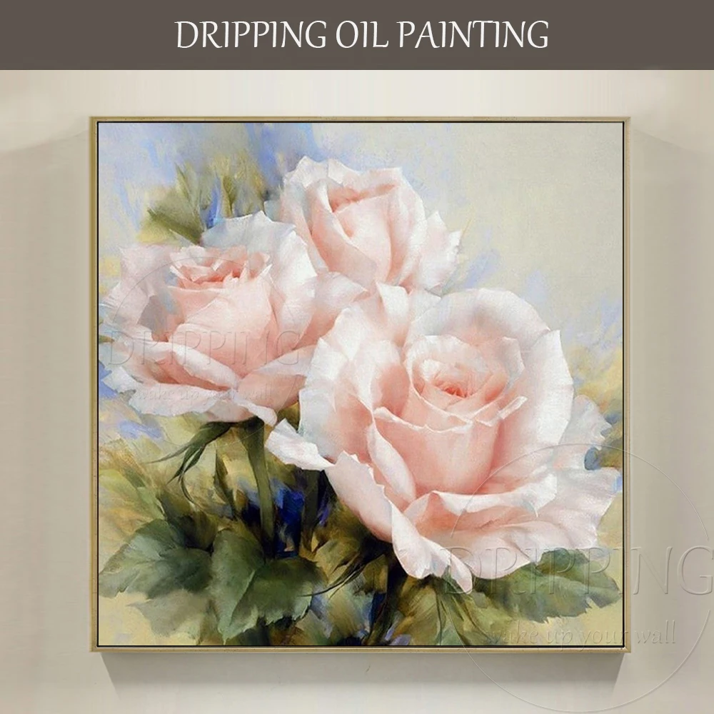 Talent Artist Hand-painted Lovely Flower Oil Painting on Canvas Beautiful Wall Art Pink Rose Flower Oil Painting for Wall Decor