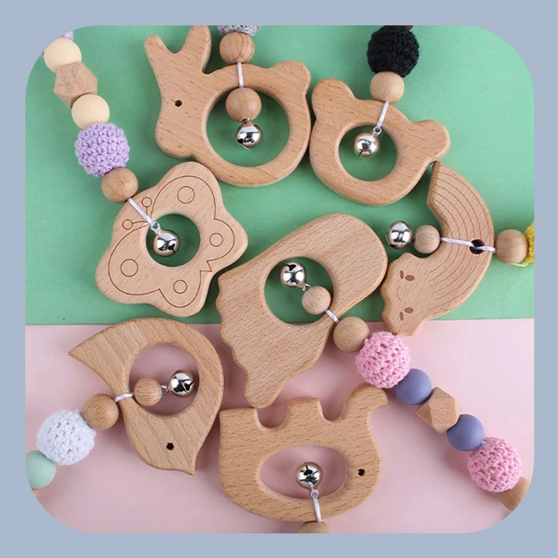 Wooden Baby Pram Clip Toys Silicone Beads Baby Teether Pacifier Clip Chain Baby Gym Hanging Toys Stroller Rattle Mobile Bed Bell