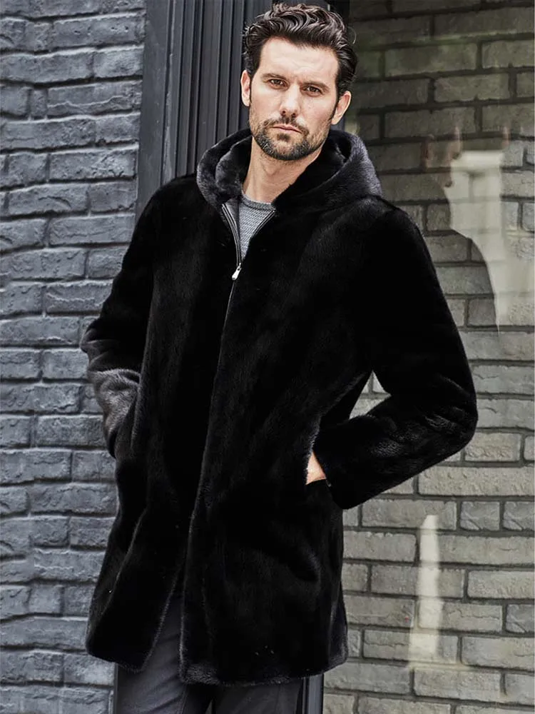 Denny&Dora Imported Mens Black Mink Fur Coat Hooded Leather Jacket Long Outerwear Warm Winter Overcoat