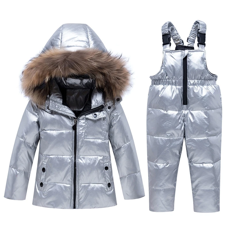 New Winter Boy Girl Ski suit Baby Winter Warm Clothes Sets  Snowsuit Children Fur Hooded Down Jacket Coat 5 Colors