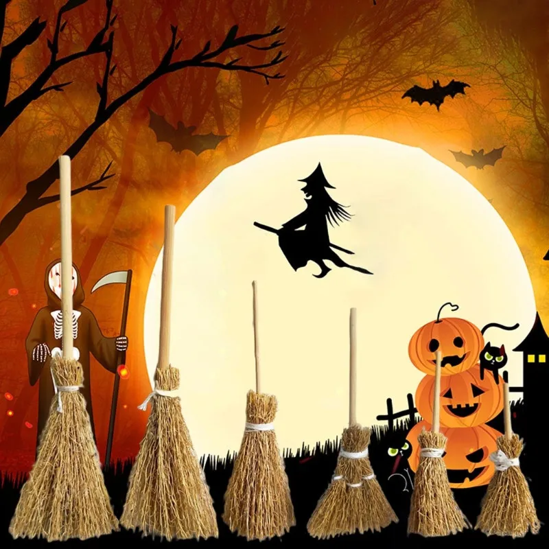 12 sztuk miniaturowe sztuczne Mini słomy miotła z liny do zawieszenia na Halloween dekoracje zabawki DIY domek dla lalek czarownice akcesoria Party