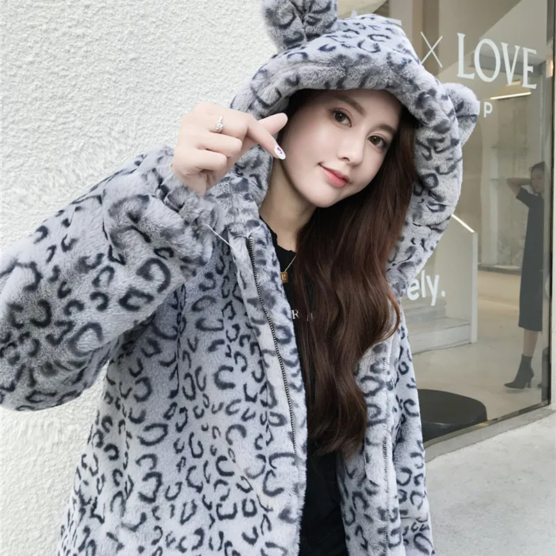 Korean Fashion Winter Thick Warm Gray Leopard Hooded Faux Fur Coat Women Long Overcoat Casual Loose Coath Fur Jacket Female