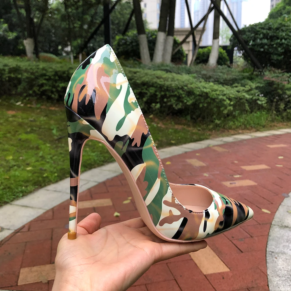 Tikicup New Fashion Women's Camouflage Patent Pointy Toe Stilettos Heels 12cm Thin High Heel Pumps for Party Evening Dress Shoes