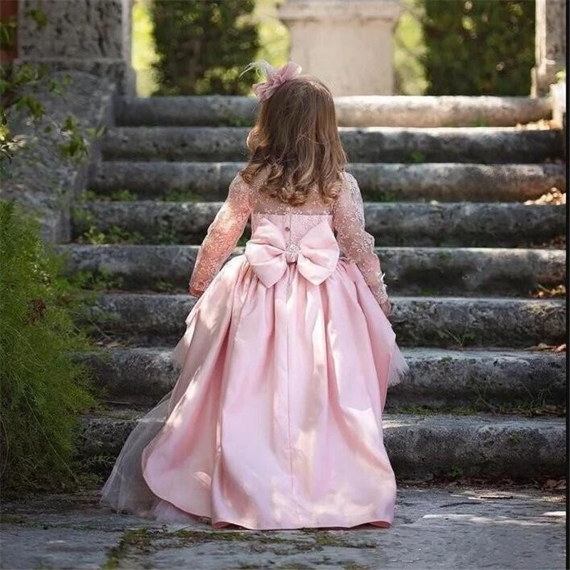 

Hi-Lo Pink Cute Kids Flower Girls Dresses for Wedding Long Sleeve Birthday Party Gown with Big Bow Custom Girl Vestidos De Nina