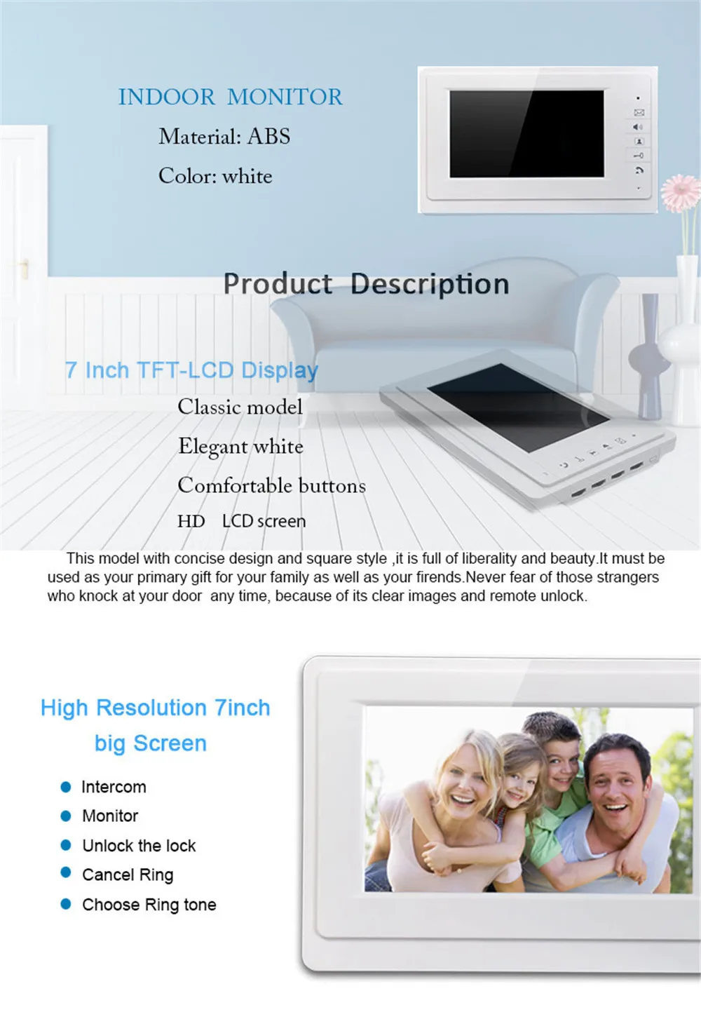 Home Security 7 inch TFT LCD 2 Monitor Video Door phone Video Intercom System RFID Password Access Doorbell 1 Camera+Door Exit