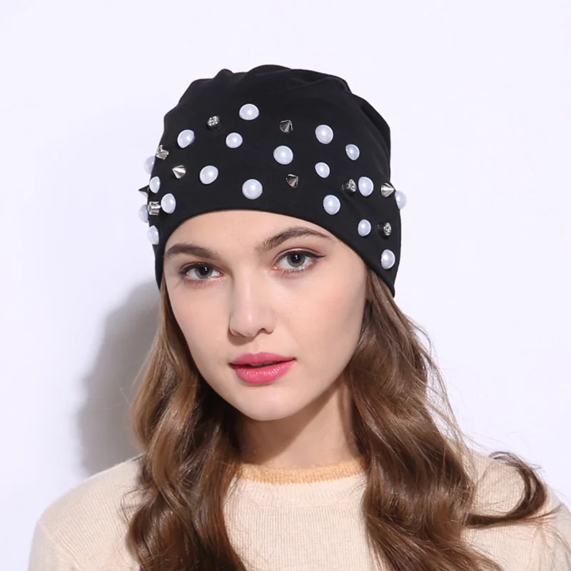 GZHILOVINGL Brand 2020 casual Pearl Diamond Hat Women Knit Slouchy Beanie Girls Bonnet Skull Baggy Cotton Hats Gorro Spring hats