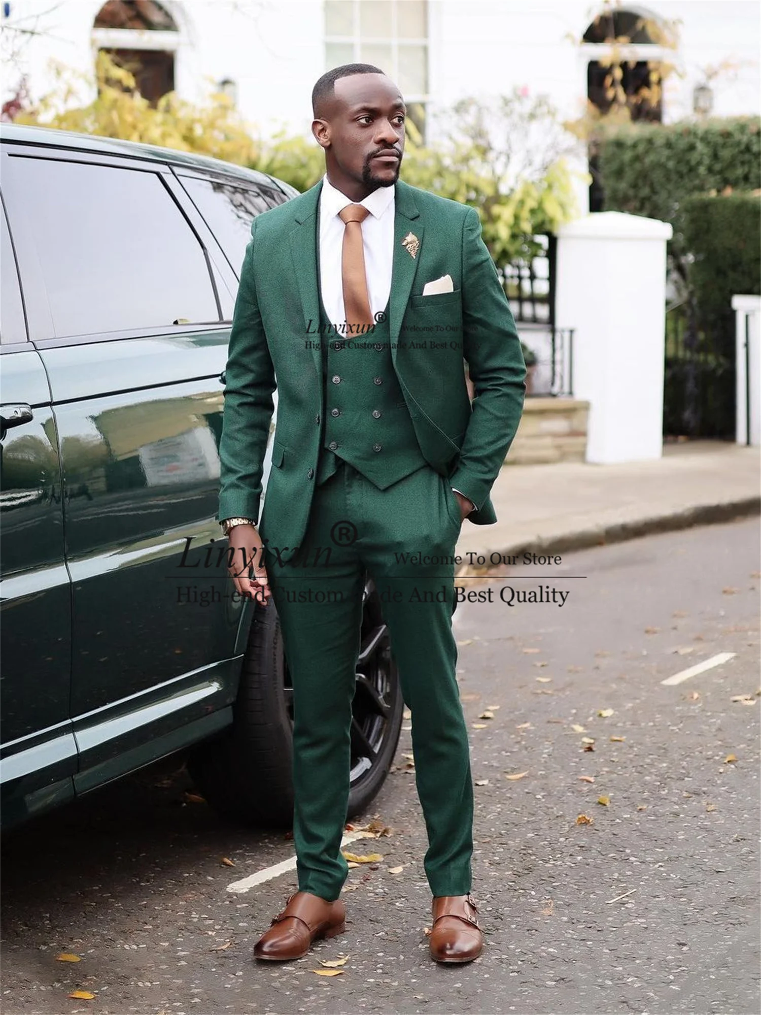 Hunter Green Men's Suit Notched Lapel Wedding Groom Tuxedos Slim Fit Business Male Prom Blazer 3 Pieces Set ropa hombre Outfit