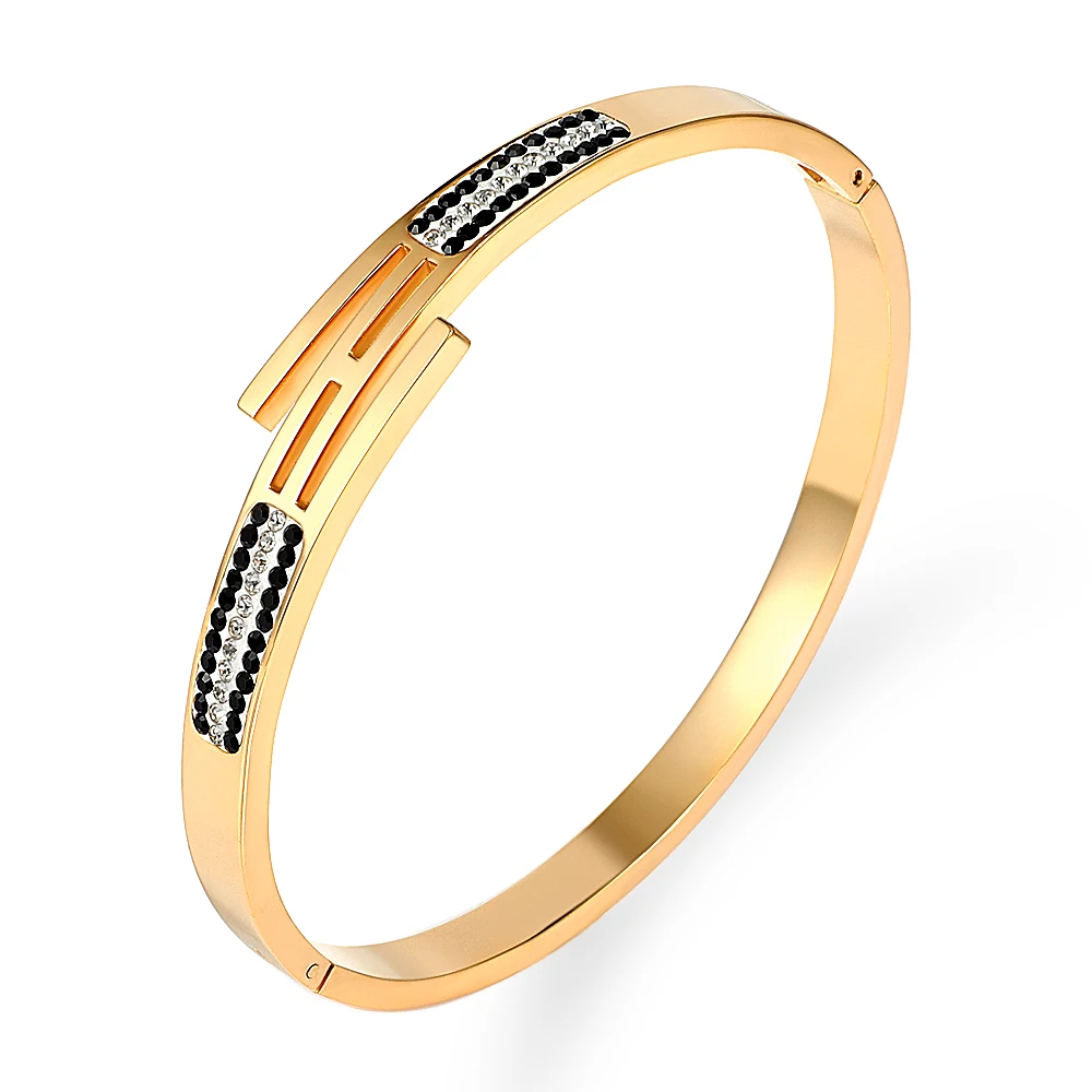 FYSARA Hot Sale Stainless Steel Gold Color Bangle Crystals Circles Cuff Bracelets Hollow Out Desgin Fashion Jewelry for Women