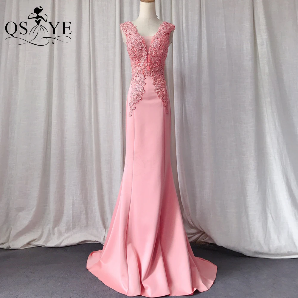 Pink Lace Prom Dresses Stretchy Satin Mermaid Women Evening Gown V Neck Appliques Sleeveless Illusion Back Formal Party Dress