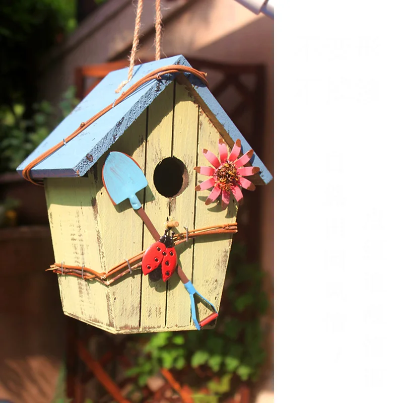 Outdoor Courtyard Solid Wood Metal Simulation Wall Hanging Bird House Villa Garden Balcony Ornaments Park Tree Decoration Crafts