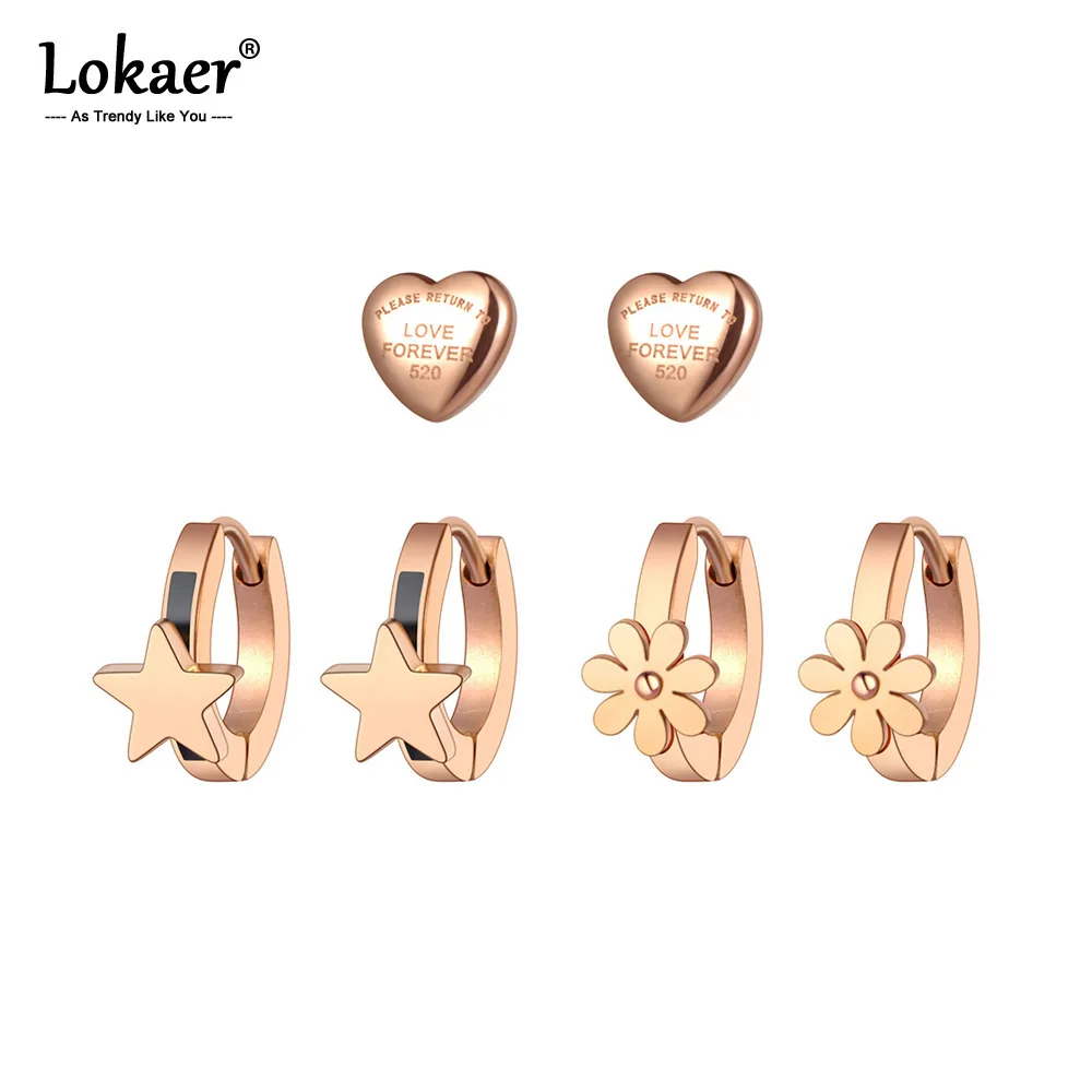 

Lokaer модные титановые серьги из нержавеющей стали со звездой, сердцем и цветком, ювелирные изделия, 3 пары/компл., вечерние серьги для женщин и девочек E20222
