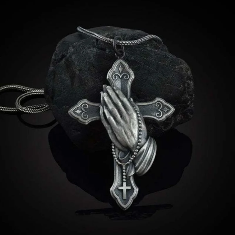 

Vintage Cross Praying Hands Necklace Pendant Faith Crucifix Anniversary Jewelry Holy God Christian Necklace for Men Women