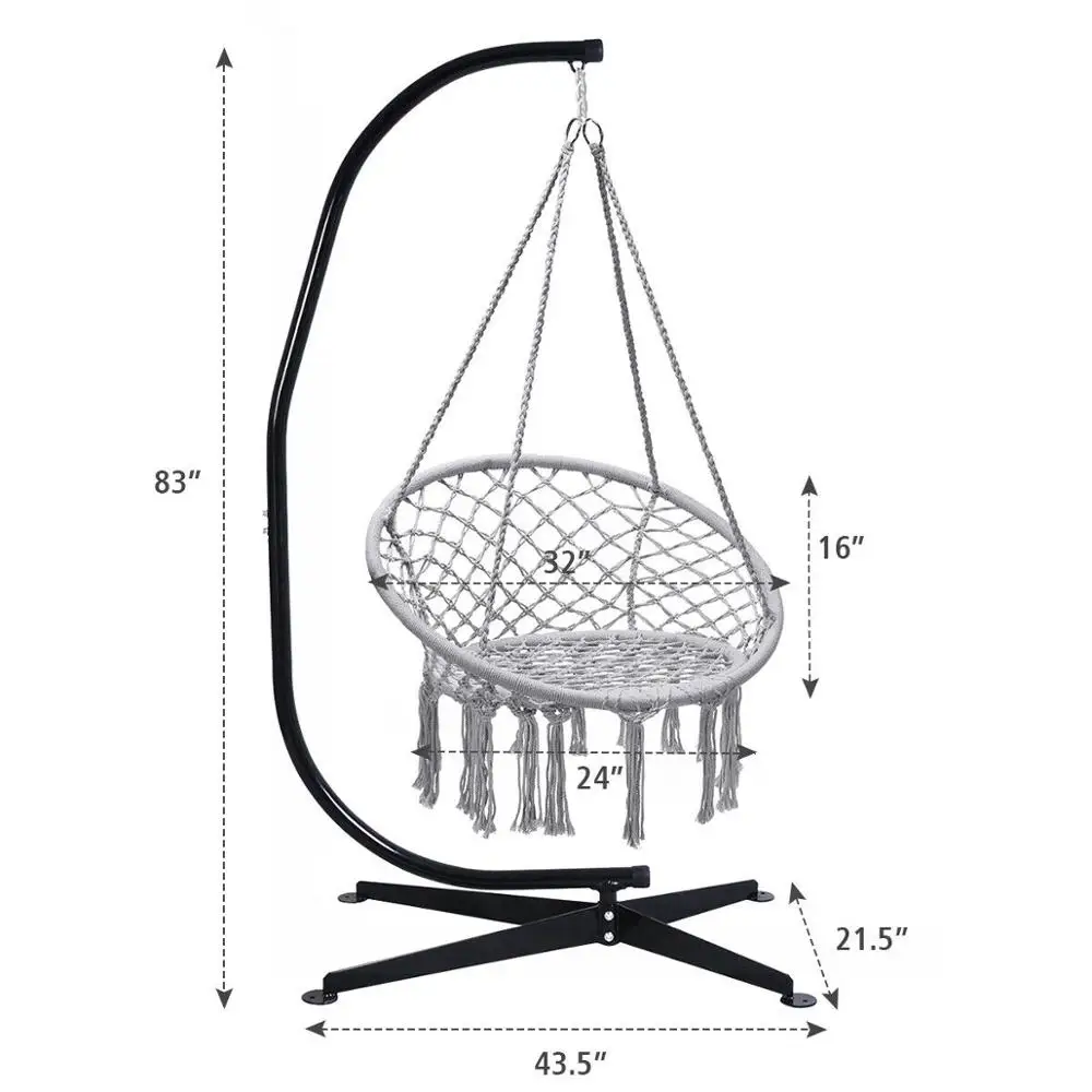 C Hanging Hammock Stand W/Cotton Macrame Swing Chair Backrest Garden Grey