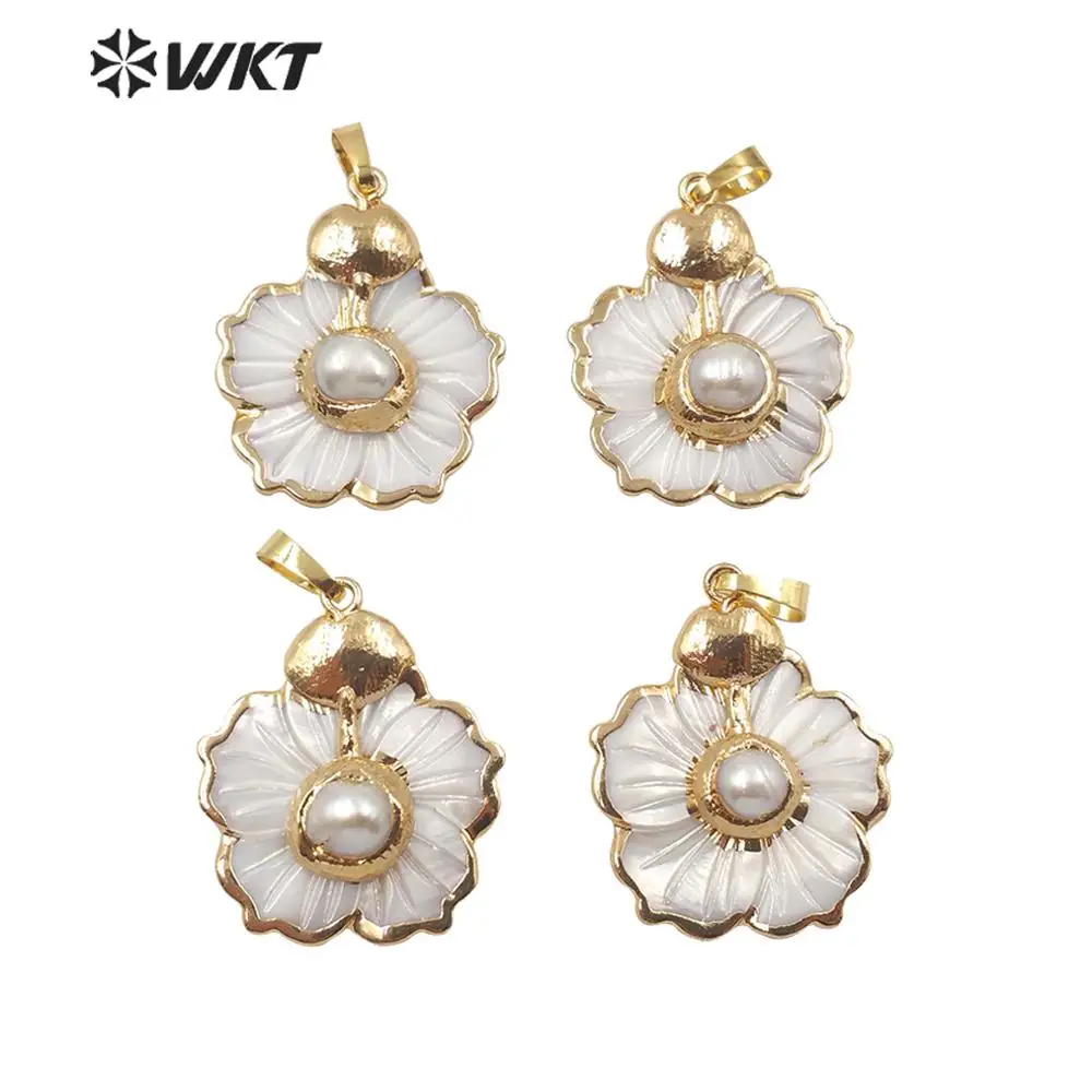 WT-JP174 Newest Gold Electroplated White Flower Shape Pendant Made Of Pearl Pure Shell For Girl Present