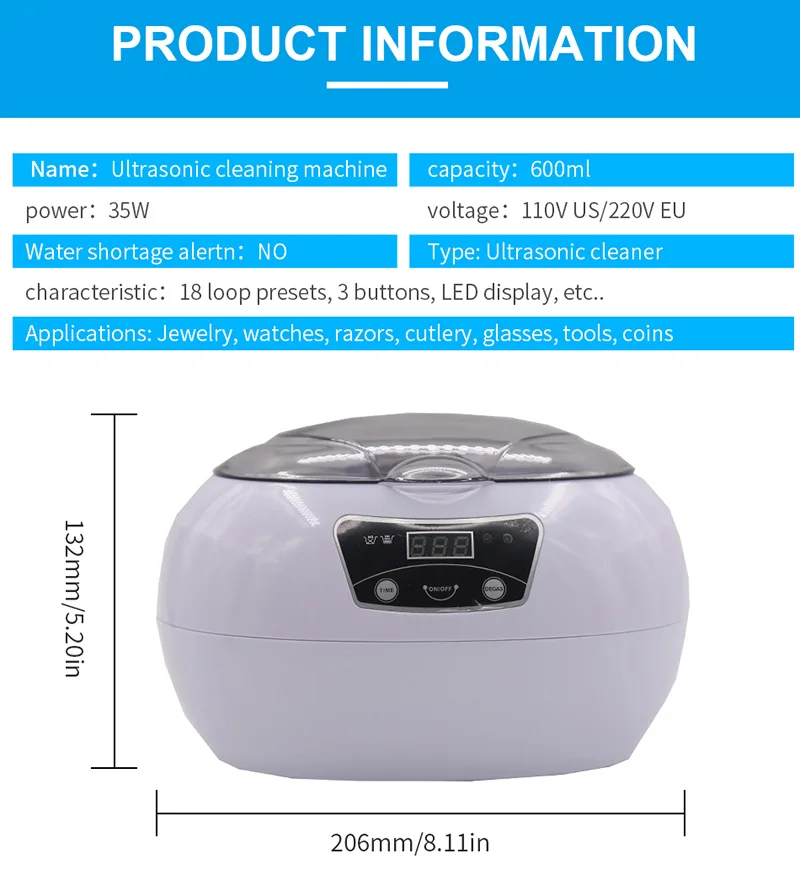 600Ml Siêu Sonic Bụi Tắm Cho Trang Sức Kính Làm Móng Nha Khoa Dao Cạo Bàn Chải Đồng Hồ Siêu Âm Sonic Bụi