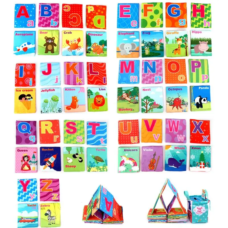 Juego de libros de tela suave para niños pequeños, bolsa de almacenamiento de tarjetas del alfabeto, juguetes educativos interactivos de aprendizaje, regalo para recién nacidos