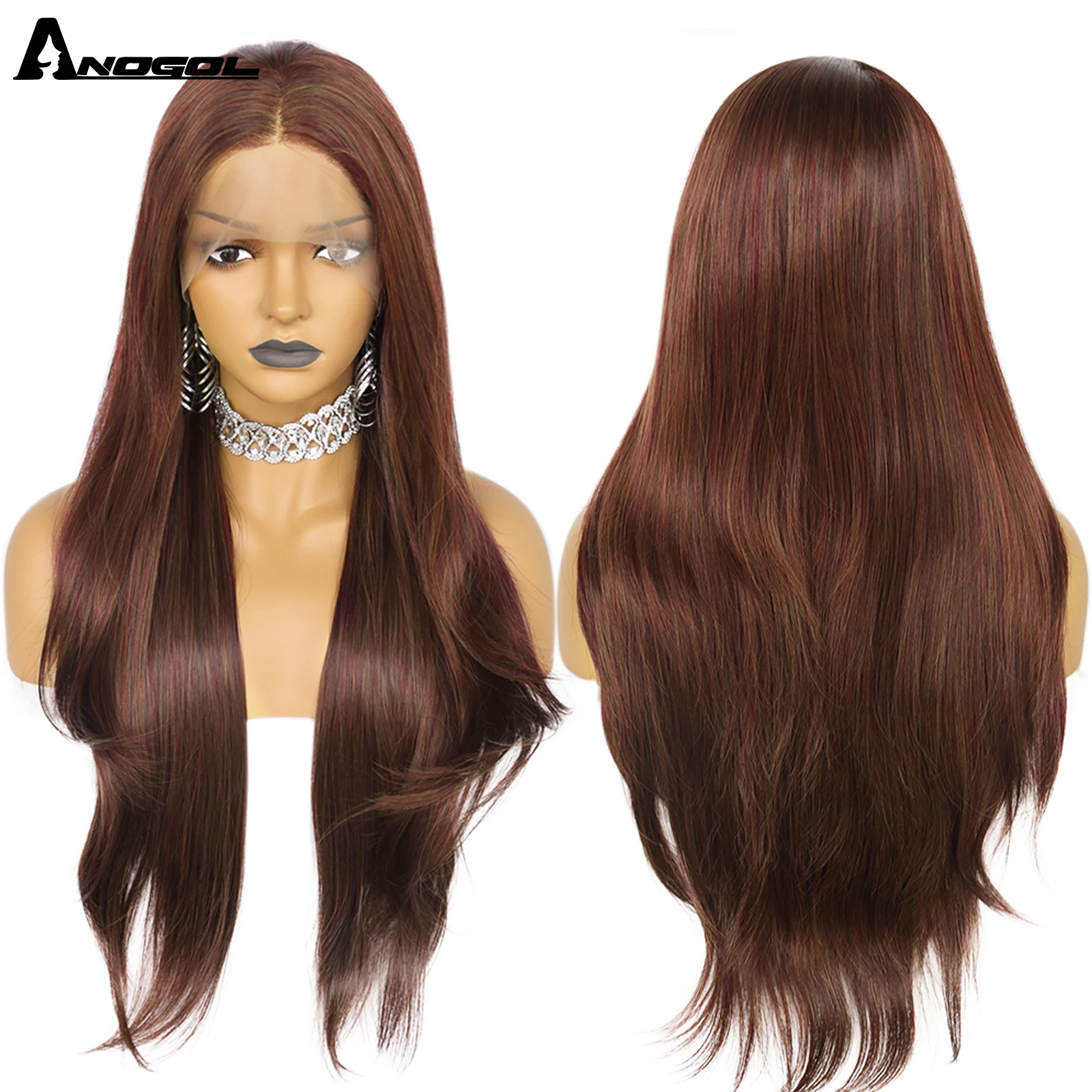 ANOGOL Synthetic Brown 13X4 Lace Front Wigs 30inch Long Smooth Red Hair Natural Wavy Free Part Lace Frontal Wig For Black Woman