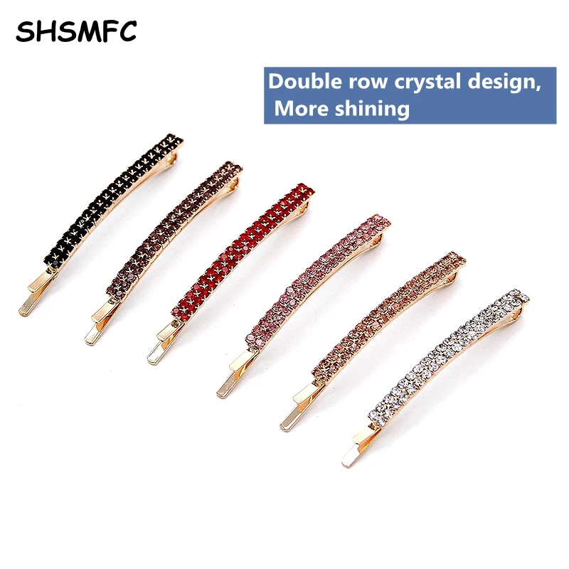 Fashion Women Girls Double Row Bling Crystal Hairpins Headwear Rhinestone Hair Clips Pins Barrette Styling Tools Accessories