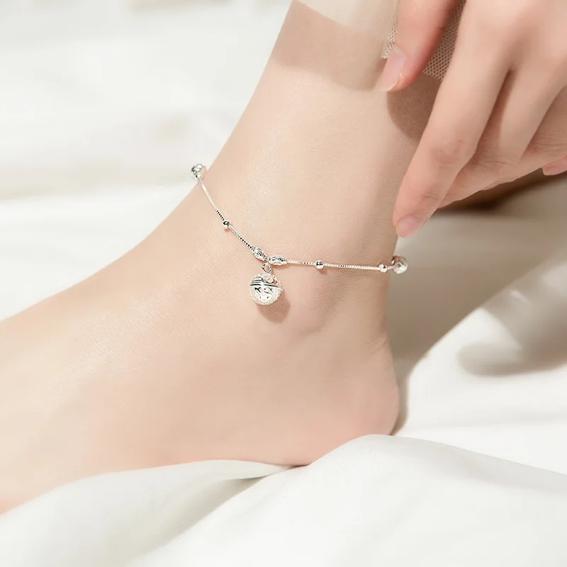 

MIQIAO 925 Sterling Silver Ankle Bracelet Women Chain Literary Retro Palace Bell Female Hollow Ball Summer Accessories Fashion