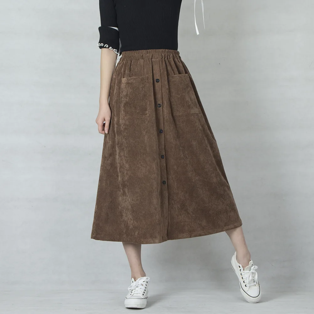 Casual Skirt 2021 Corduroy Skirts Women High Waist A-Line Skirts Women Solid Button Pocket Skirts Jupe Femme Saia High Quality