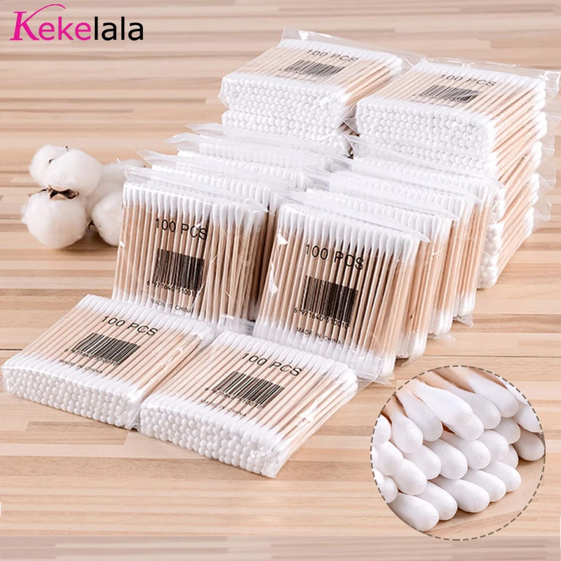 Kekelala 500Pcs/Lot Wooden Cotton Swabs Double Head Micro Wood Sticks Rob Brushes Eyelash Extension Glue Cleaning Removing Tools