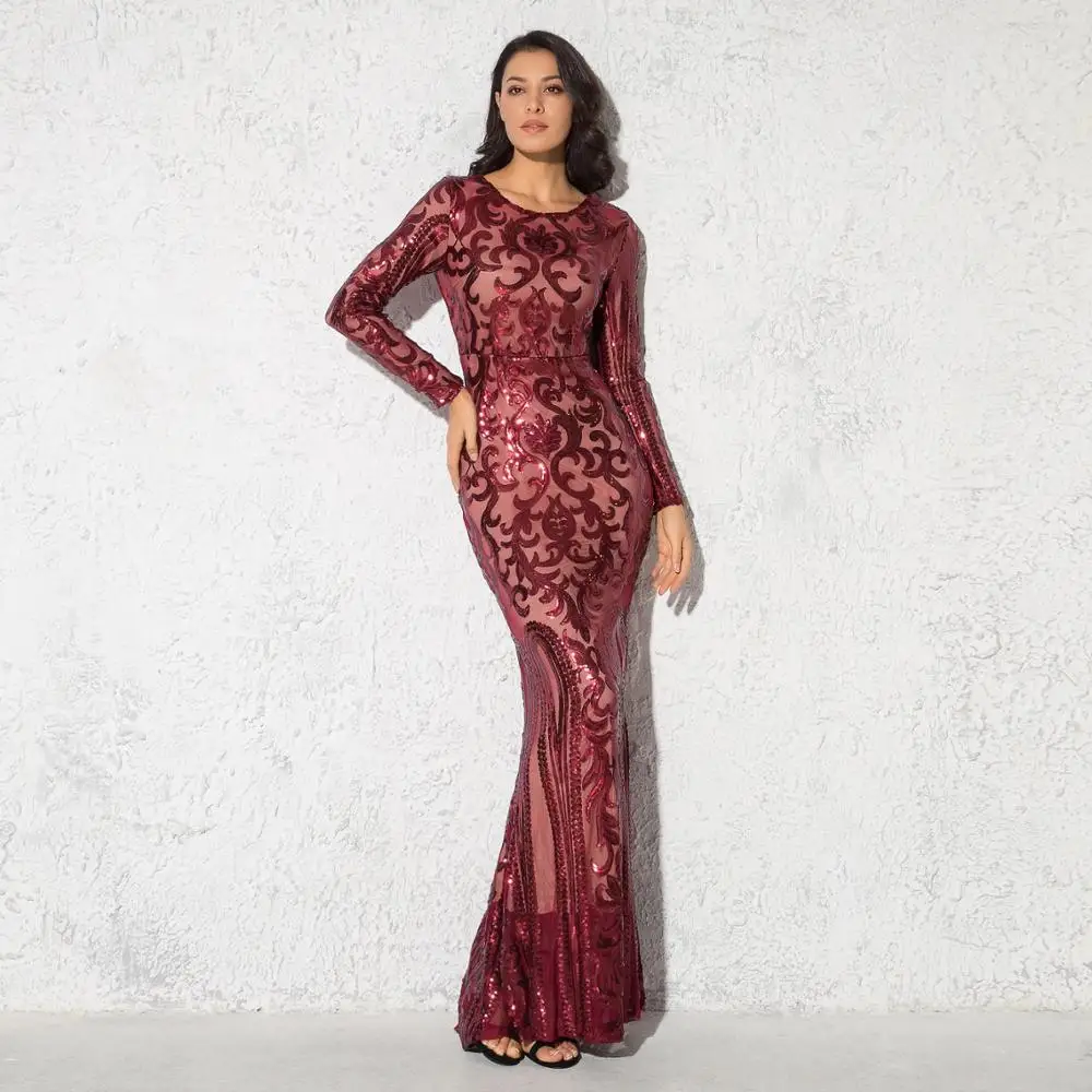 

Gold Elegant Full Sleeved O Neck Sequined Evening Party Dress Stretch Floor Length Lining Bodycon Burgundy Black Maxi Dress