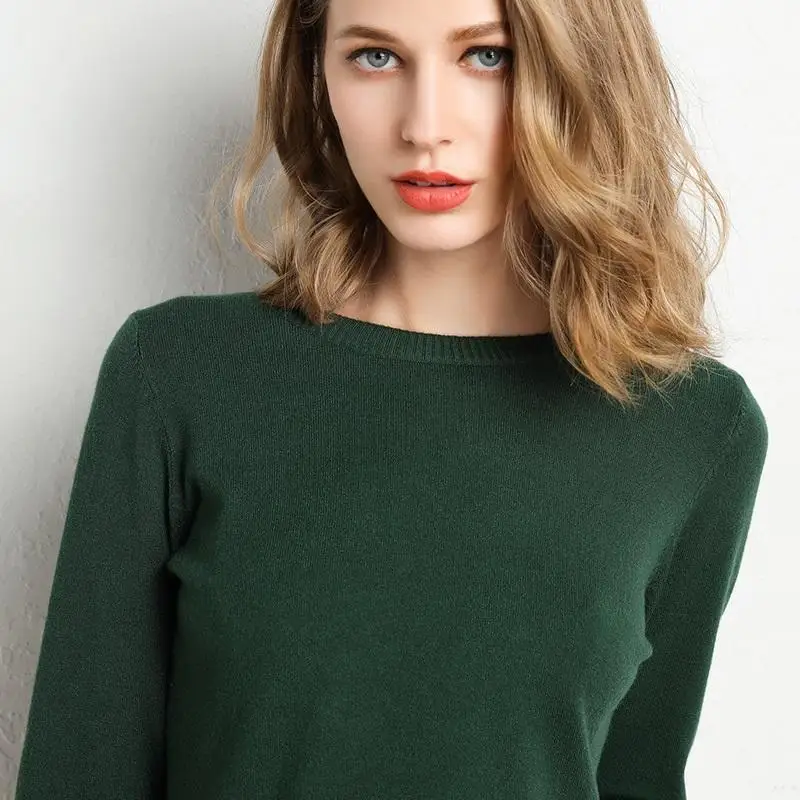 Damski sweter z wełny merynosów O-Neck Pullover Wiosna Jesień Dzianina z długim rękawem Slim Solid Color Fashion Bottoming Odzież Tops