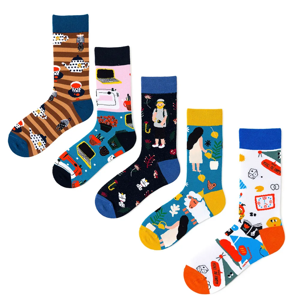 

Colorful Men Socks Cotton Funny Crew Socks Cartoon Cat Watering Teacup Sheep Modern Happy Life Women Socks Novelty Gift Sock