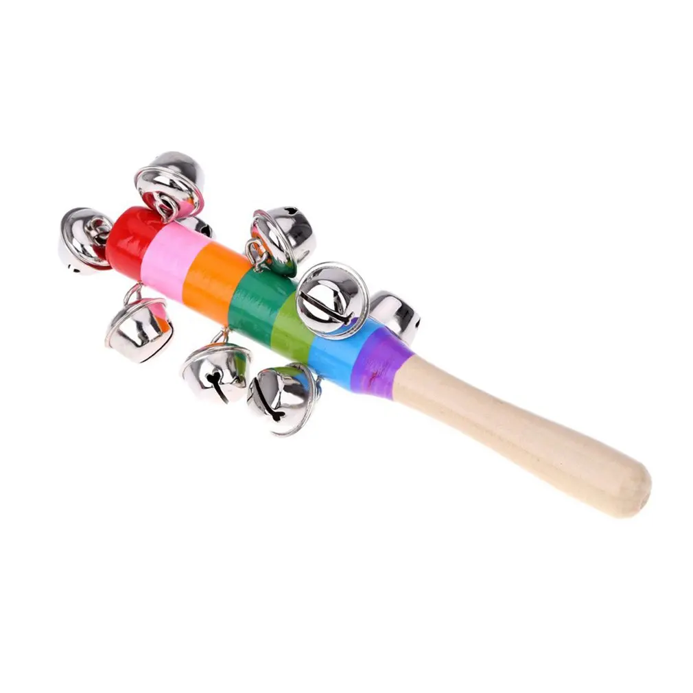 Baby Rattle Held Bell Stick Wooden With 10 Metal Jingles Ball Colorful Rainbow Percussion Musical Toy Baby Attetion Training Toy