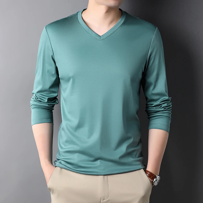 Top Grade New Fashion Brand V Neck Solid Color Plain Soft 100 % Cotton t Shirt Men Long Sleeve Tops Casual Mens Clothes 2023