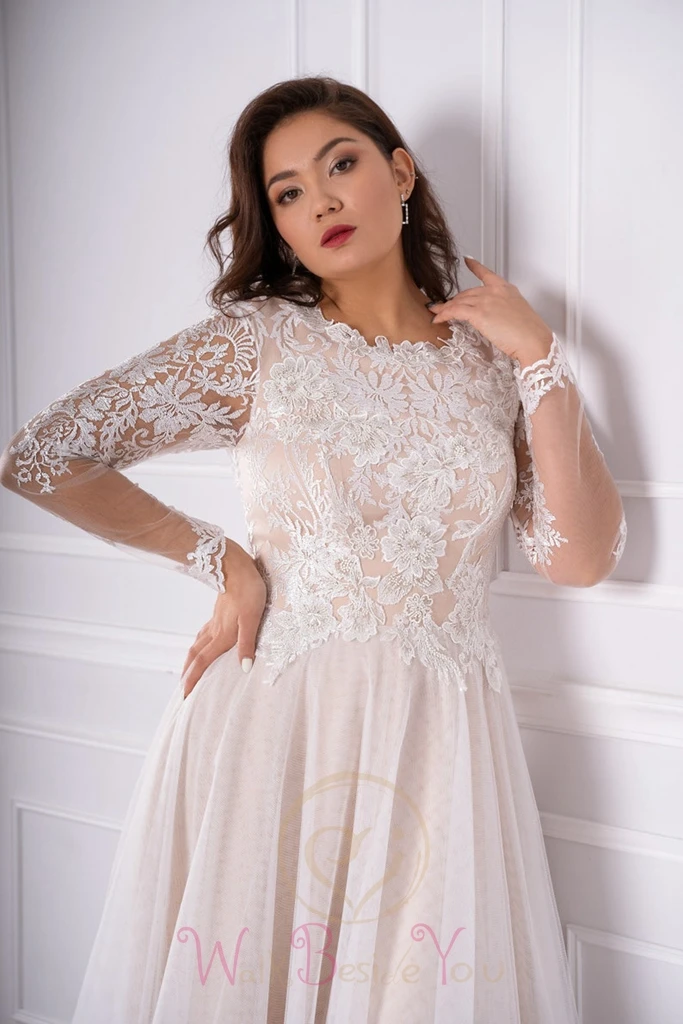 Vestidos de novia de talla grande, vestidos de novia de tul de encaje, mangas largas, cuello de pico profundo, línea A, cuello redondo, boda, encaje Floral precioso