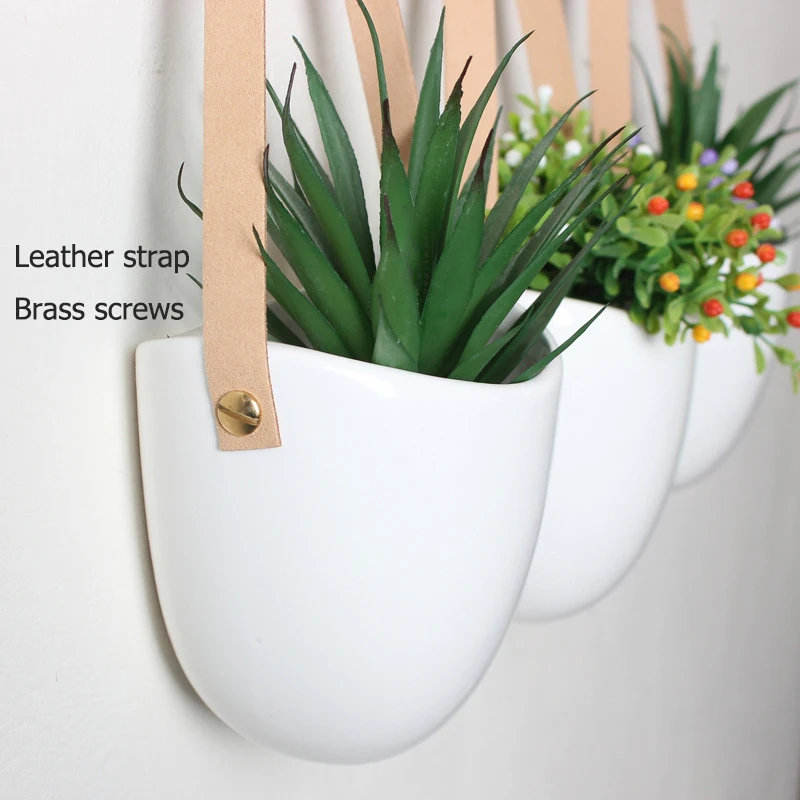 Set of 3 Ceramic Hanging Planters for Succulent Air Plants Flower Pots with Leather Strap Wall Flowerpots Home Garden Decoration image 4