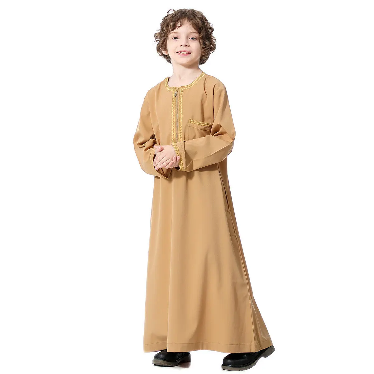 Manga comprida Jubba Thobe Robe para crianças, Vestuário árabe e islâmico, Adolescente do Oriente Médio, Zipper Robes, Ramadan Daffah, Daffah, Roupas Meninos Muçulmanos