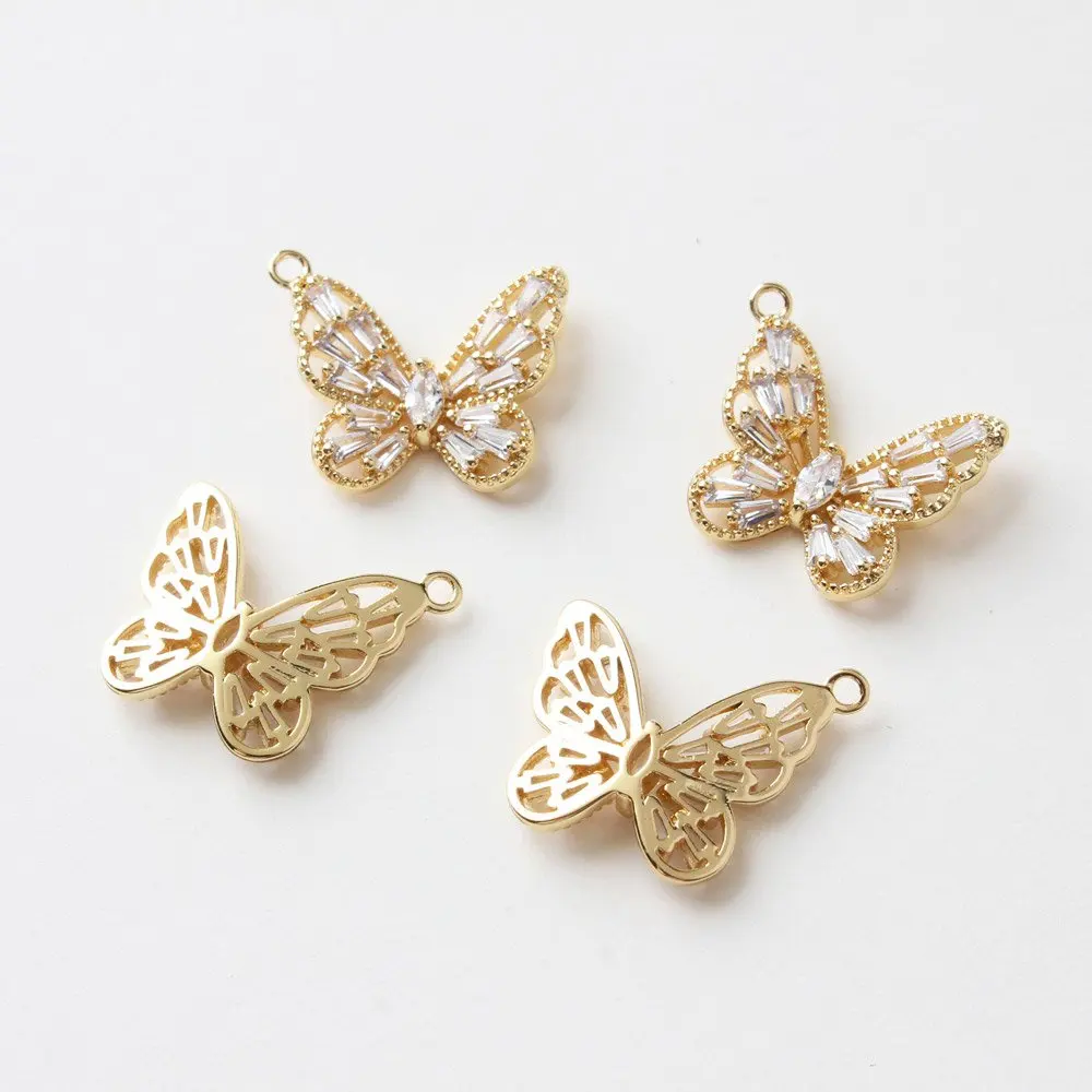 2PCS Butterfly-shaped Zircon Pendant Diy Earrings Necklace Handmade Material Accessories Plated with 14k Gold To Preserve Color