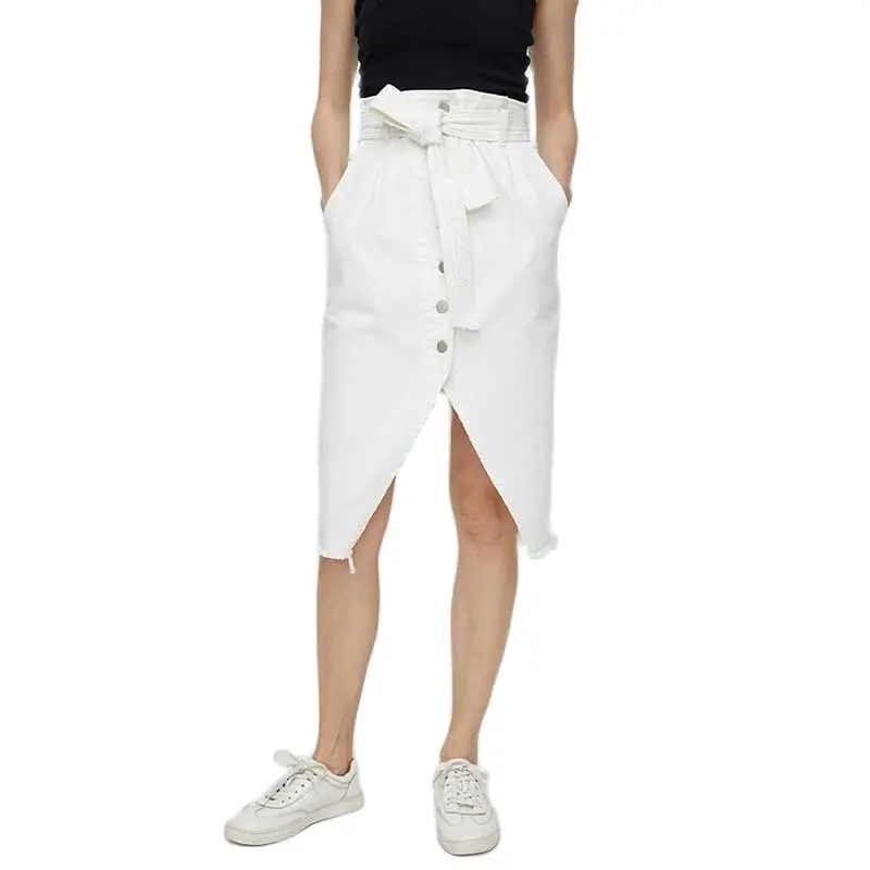 Fashion White Paper Bag Waist Denim Skirts With High Waist Inelastic Knee-Length Straight Lrregular Split Women Skirt for Female