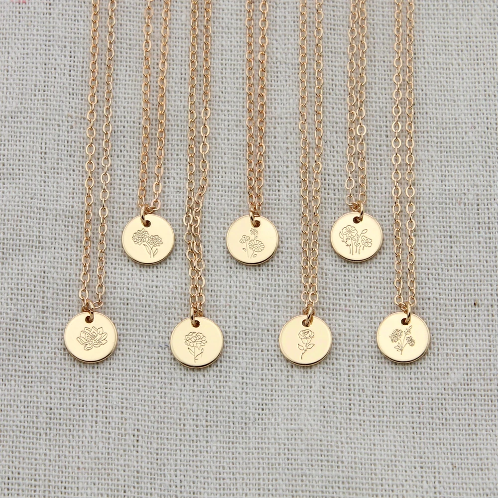 Delicate Birth Flowers Necklace Disc Pendant Layering Necklace Mother Daughter Necklace Women Jewelry Gift 10mm, 18inch