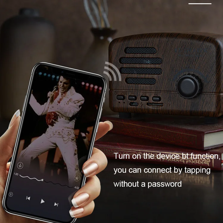 Altavoz portátil con efecto madera, dispositivo con radio fm, 5W, 600mah, estéreo, retro, bt