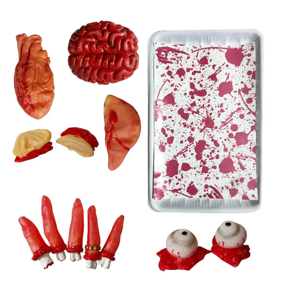 (12 Pcs) Scary Fake Body Parts Severed Fingers, Bloody Eyes, Liver, Heart, Brain Dinner Plate for Butcher Hunting Haunted House