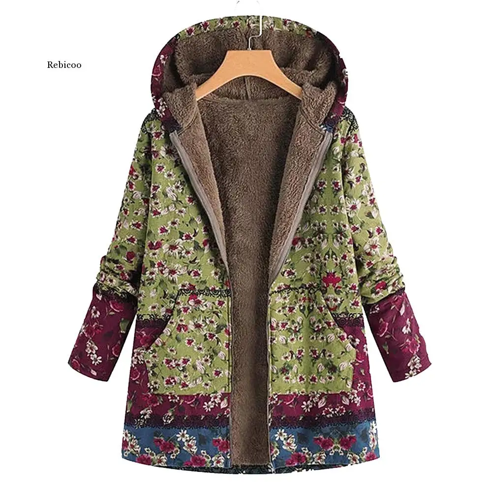 Leaves Floral Print Warm Coat Women Winter Long Sleeve Hooded Jacket Fluffy Fur Fleece Cozy Zipper Outwear S-5XL