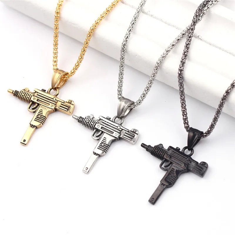 Charm Pistol UZI Gun Shaped Pendant Punk Tommy Gun Army Style Male Chain Necklace For Men corrente masculina Jewelry Gifts