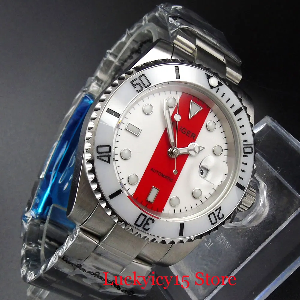 BLIGER Sapphire Glass Automatic Wristwatch Men MIYOTA Movement Date Function Mental Bracelet Deployment Clasp Red White Dial