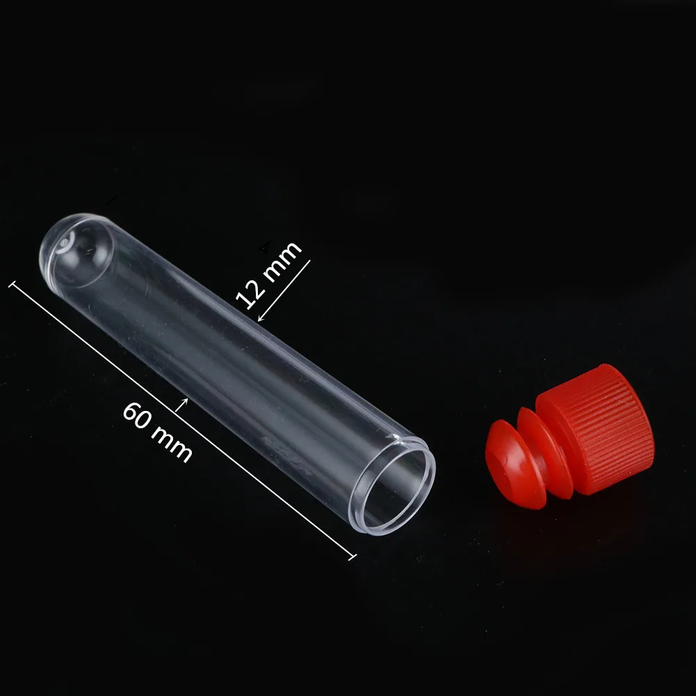 10 Pcs 12x60mm Lab Transparent Plastic Test Tube Round Bottom Tube Vial with Cap Office School Laboratory Experiment Supplies