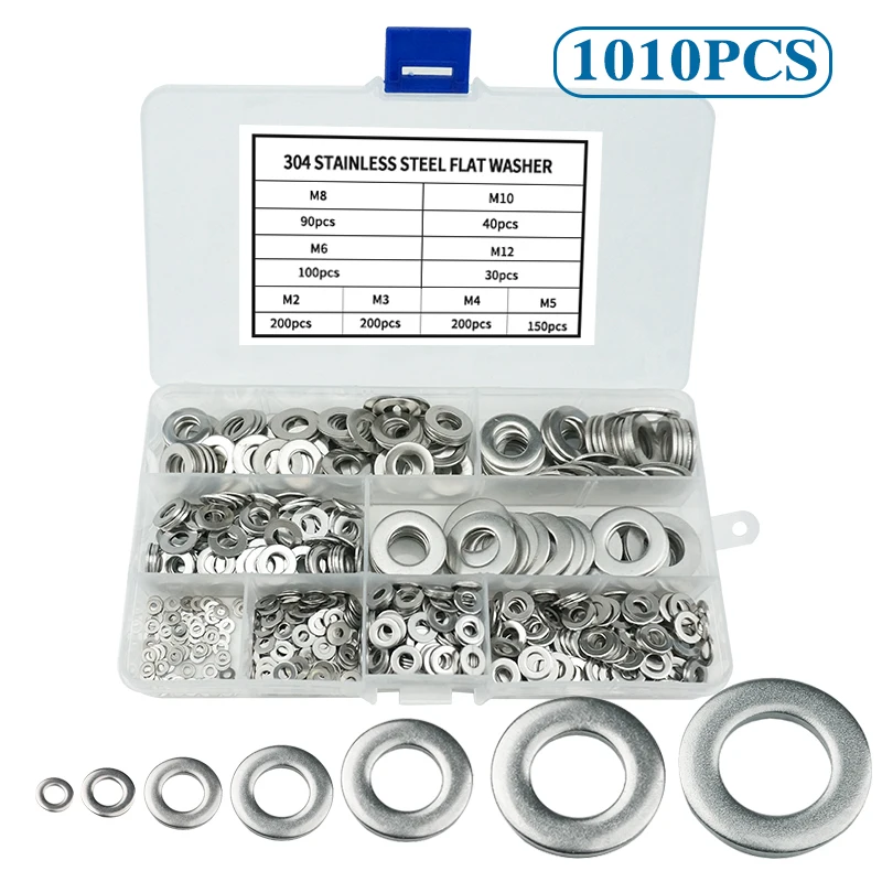 

1010pcs Washer Set M2 M3 M4 M5 M6 M8 M10 M12 Stainless Steel Washer Flat Washers Ring Plain Washer Gaskets Assortment Kit GB97