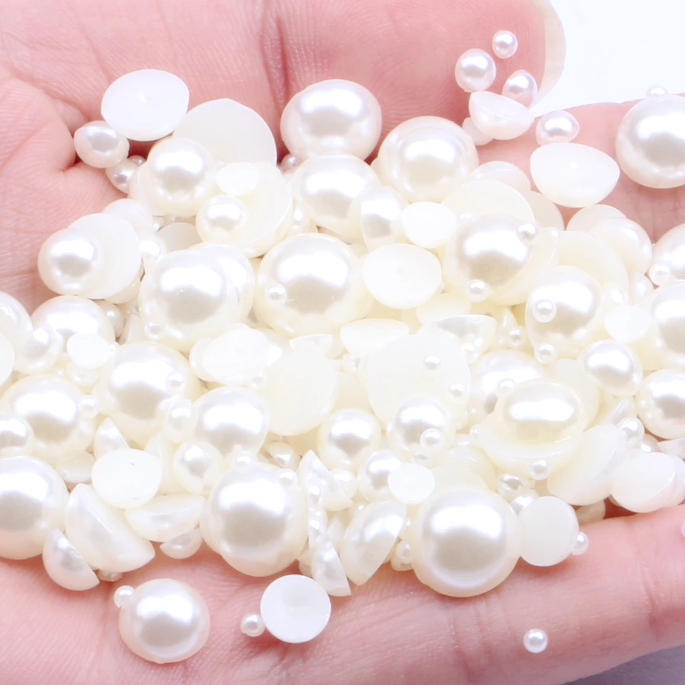 

High Quality Half Round Pearls Mixed Sizes Flatback Ivory Loose Imitaiton Glue On Resin Beads For Jewelry Making Decorations